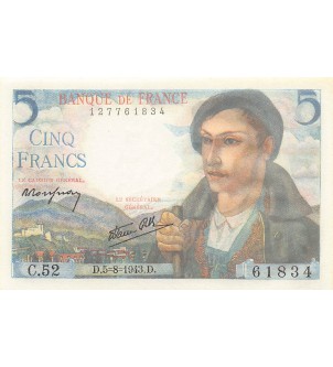 FRANCE, BERGER - 5 FRANCS 05/08/1943 - SÉRIE C.52 - P.NEUF 2