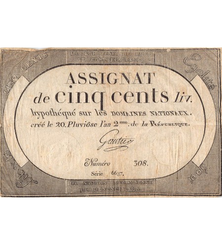 RÉVOLUTION FRANCAISE, ASSIGNAT - 500 LIVRES - LOI DU 20 PLUVIÔSE AN 2 - TB