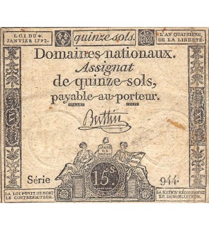 RÉVOLUTION FRANCAISE, ASSIGNAT - 15 SOLS - LOI DU 04/01/1792 - TB+