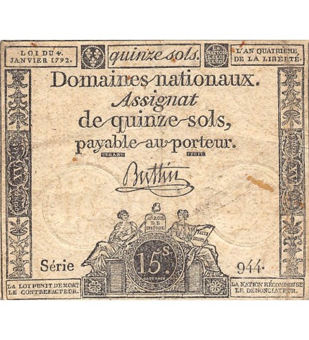 RÉVOLUTION FRANCAISE, ASSIGNAT - 15 SOLS - LOI DU 04/01/1792 - TB+
