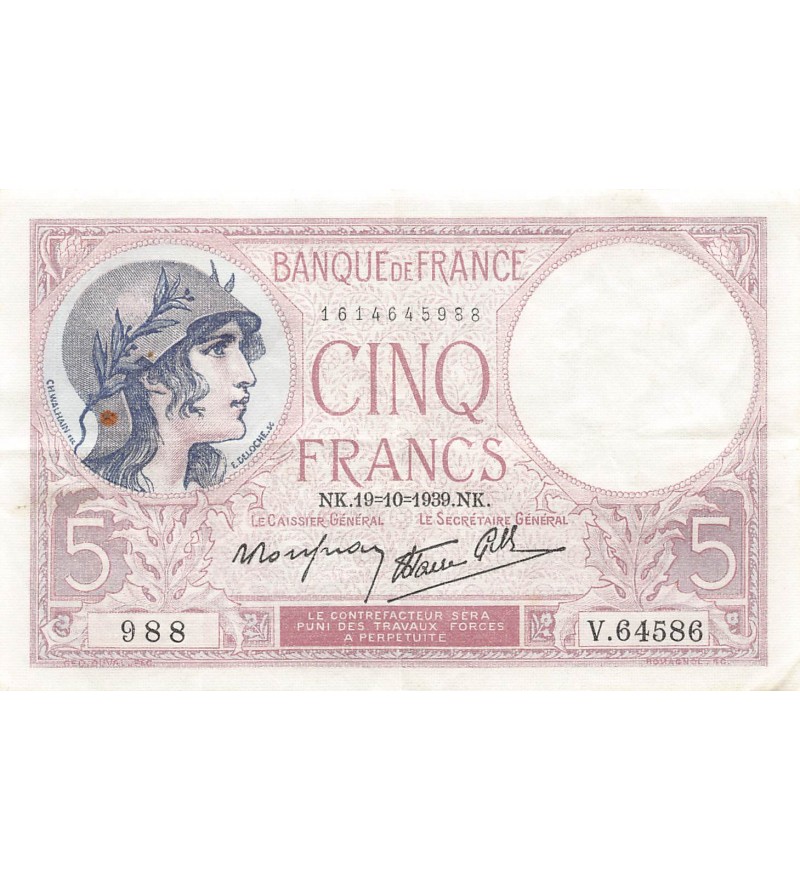 FRANCE, VIOLET - 5 FRANCS 19/10/1939 - TTB+