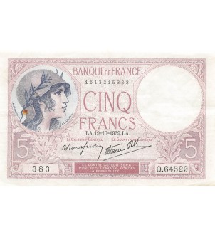 FRANCE, VIOLET - 5 FRANCS 19/10/1939 - TTB+