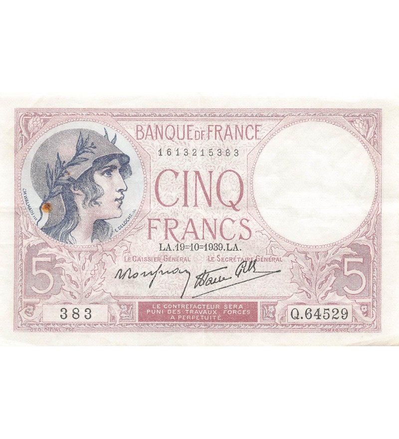 FRANCE, VIOLET - 5 FRANCS 19/10/1939 - TTB+