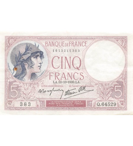 FRANCE, VIOLET - 5 FRANCS 19/10/1939 - TTB+
