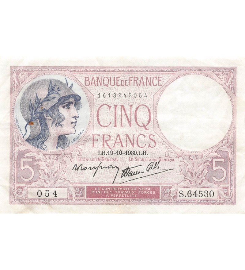 FRANCE, VIOLET - 5 FRANCS 19/10/1939 - TTB