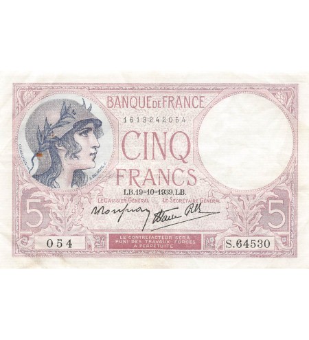 FRANCE, VIOLET - 5 FRANCS 19/10/1939 - TTB