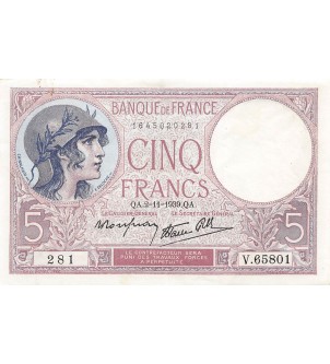 FRANCE, VIOLET - 5 FRANCS 02/11/1939 - TTB+ 2