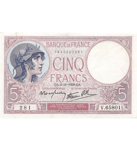 FRANCE, VIOLET - 5 FRANCS 02/11/1939 - TTB+