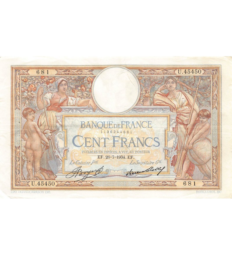 FRANCE, LUC-OLIVIER MERSON - 100 FRANCS 26/07/1934 - TTB+