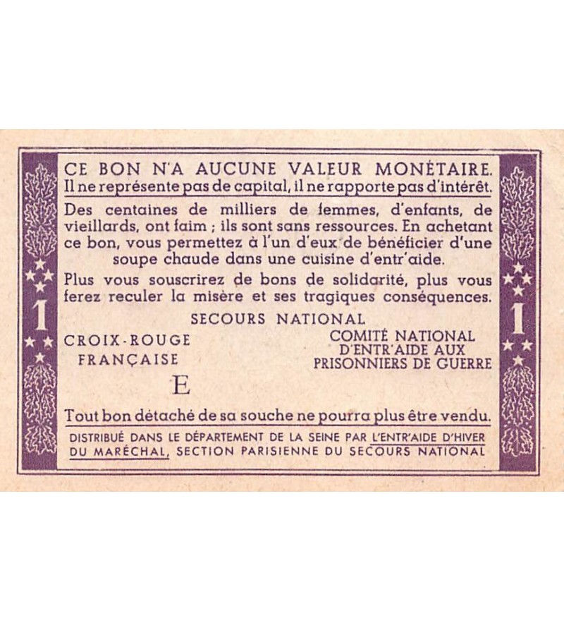 ETAT FRANCAIS, MARECHAL PETAIN - BON DE SOLIDARITE 1 FRANC 1941 - SUP