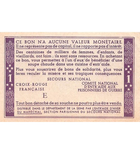 ETAT FRANCAIS, MARECHAL PETAIN - BON DE SOLIDARITE 1 FRANC 1941 - SUP