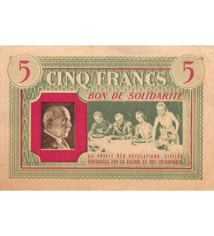 ETAT FRANCAIS, MARECHAL PETAIN - BON DE SOLIDARITE 5 FRANCS 1941 - SUP+ 2