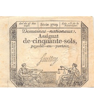 RÉVOLUTION FRANCAISE, ASSIGNAT - 50 SOLS - LOI DU 23/05/1793 - TTB