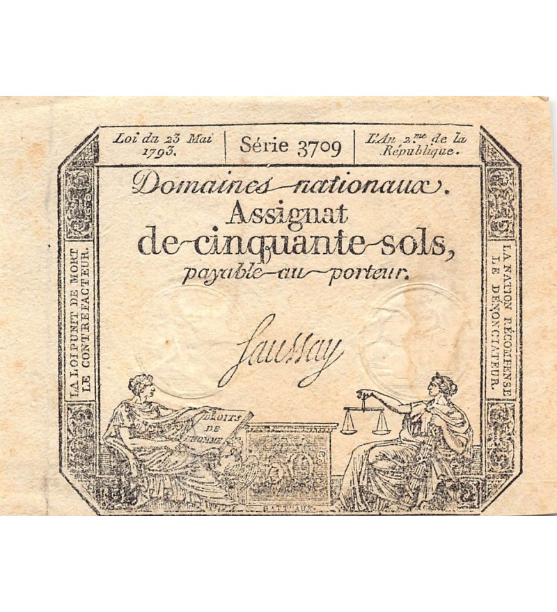 RÉVOLUTION FRANCAISE, ASSIGNAT - 50 SOLS - LOI DU 23/05/1793 - TTB