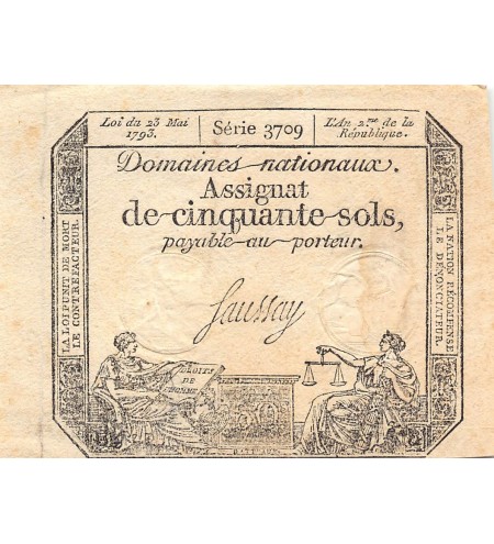 RÉVOLUTION FRANCAISE, ASSIGNAT - 50 SOLS - LOI DU 23/05/1793 - TTB