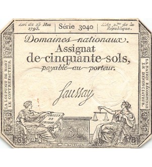 RÉVOLUTION FRANCAISE, ASSIGNAT - 50 SOLS - LOI DU 23/05/1793 - TTB 2