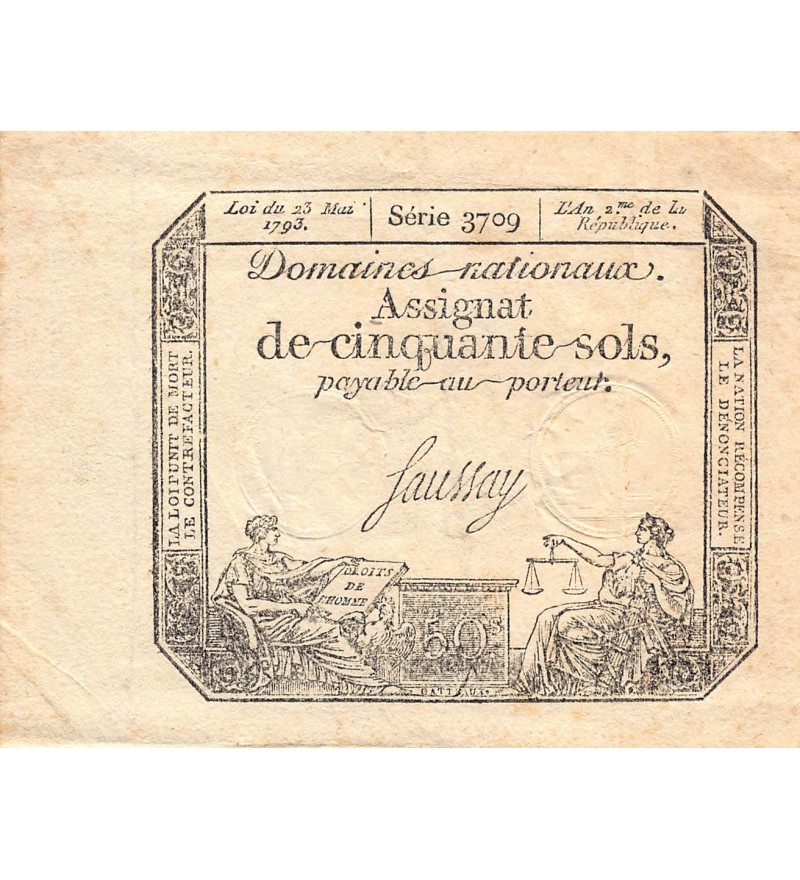 RÉVOLUTION FRANCAISE, ASSIGNAT - 50 SOLS - LOI DU 23/05/1793 - TTB