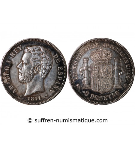 ESPAGNE, AMADEO Ier - 5 PESETAS ARGENT 1871 SDM