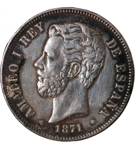 ESPAGNE, AMADEO Ier - 5 PESETAS ARGENT 1871 SDM