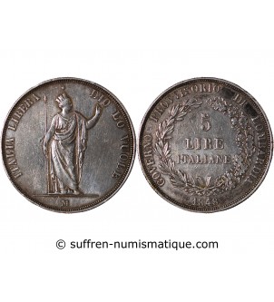ROYAUME DE LOMBARDIE, GOUVERNEMENT PROVISOIRE - 5 LIRE ARGENT 1848 M MILAN
