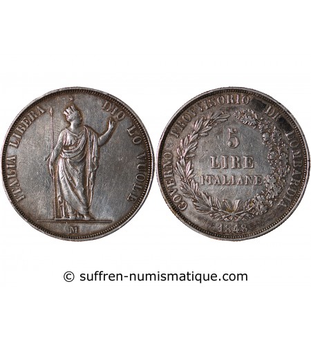 ROYAUME DE LOMBARDIE, GOUVERNEMENT PROVISOIRE - 5 LIRE ARGENT 1848 M MILAN
