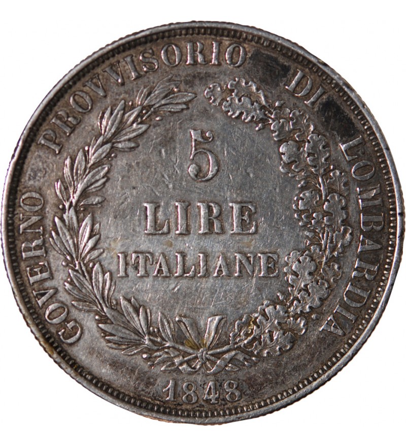 ROYAUME DE LOMBARDIE, GOUVERNEMENT PROVISOIRE - 5 LIRE ARGENT 1848 M MILAN
