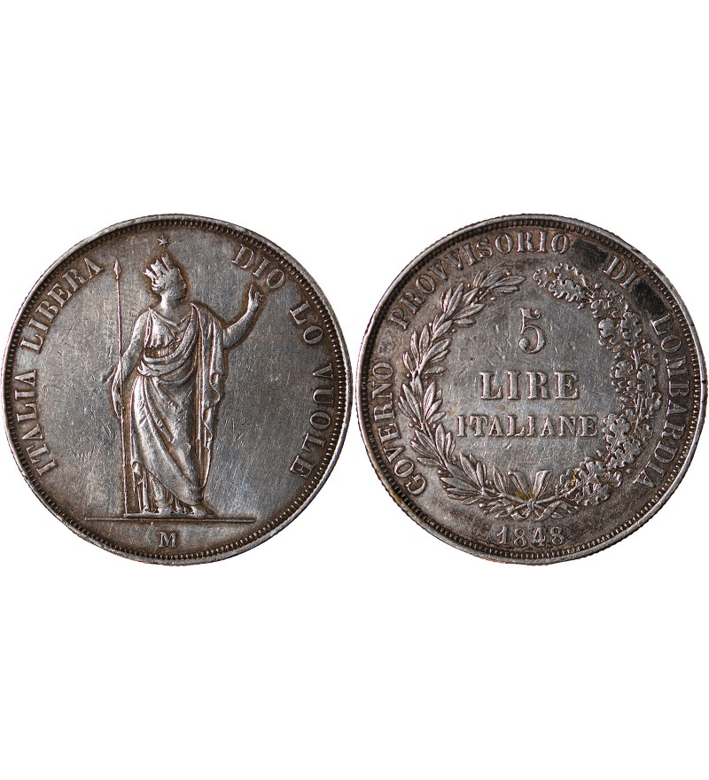 ROYAUME DE LOMBARDIE, GOUVERNEMENT PROVISOIRE - 5 LIRE ARGENT 1848 M MILAN