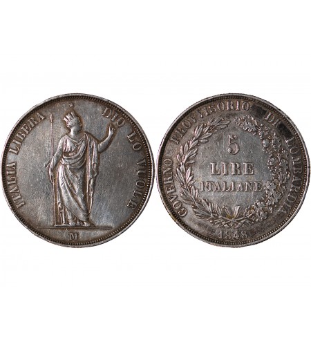 ROYAUME DE LOMBARDIE, GOUVERNEMENT PROVISOIRE - 5 LIRE ARGENT 1848 M MILAN
