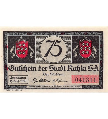 ALLEMAGNE, KAHLA - 75 PFENNIG 1921
