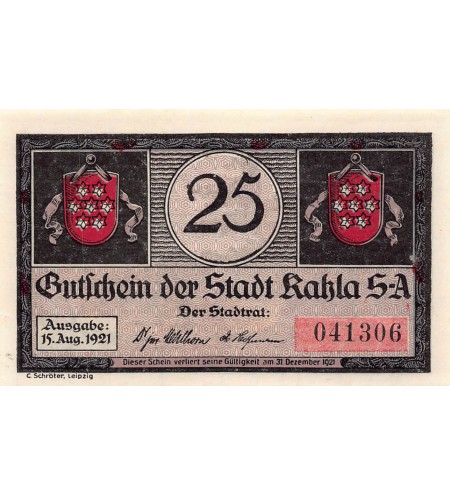 ALLEMAGNE, KAHLA - 25 PFENNIG 1921
