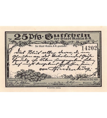 ALLEMAGNE, KAHLA - 25 PFENNIG 1921