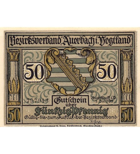 ALLEMAGNE, Auerbach/Vogtland - 50 PFENNIG 1921