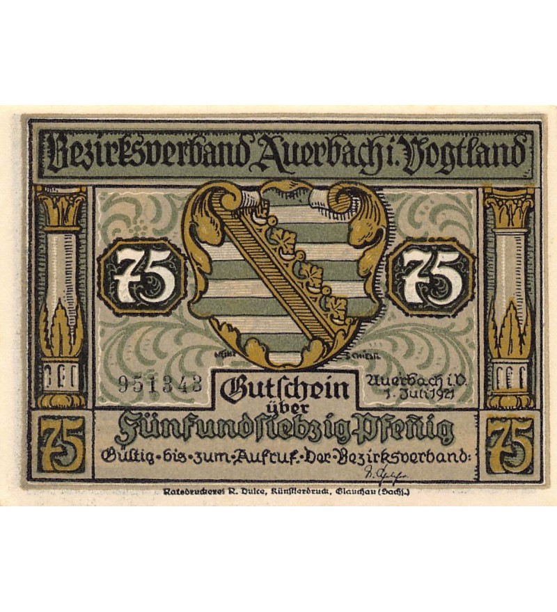 ALLEMAGNE, Auerbach/Vogtland - 75 PFENNIG 1921