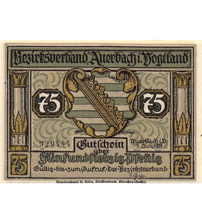 ALLEMAGNE, Auerbach/Vogtland - 75 PFENNIG 1921
