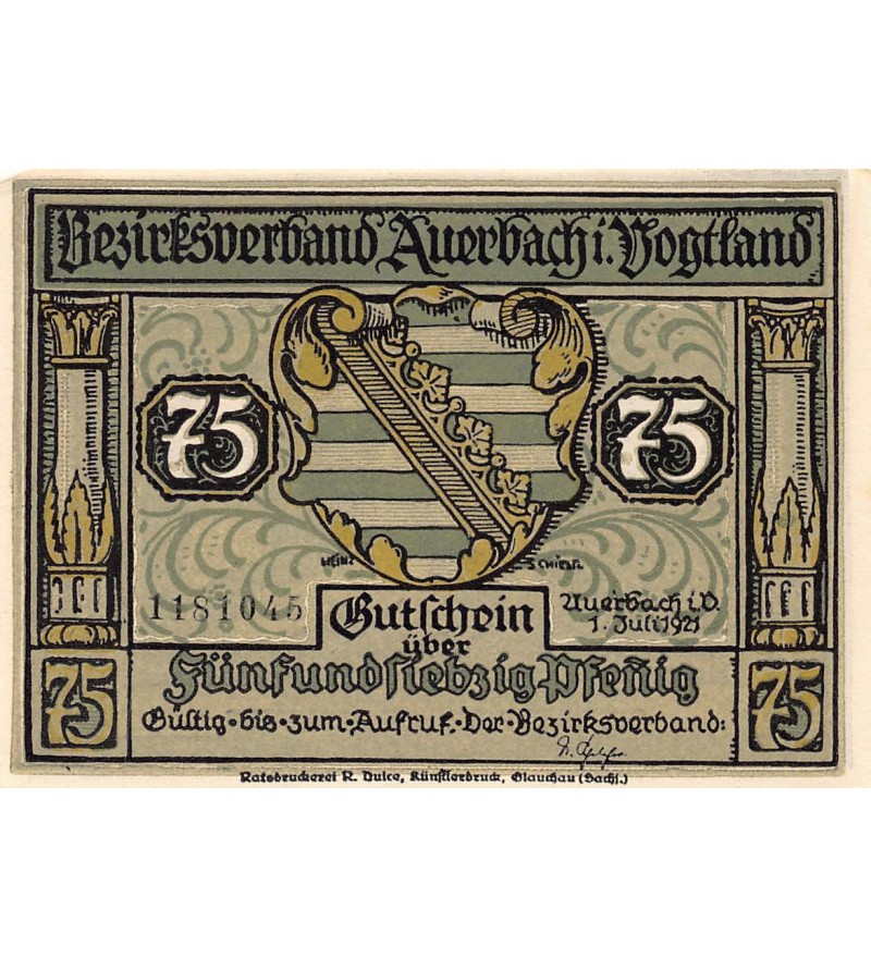 ALLEMAGNE, Auerbach/Vogtland - 75 PFENNIG 1921