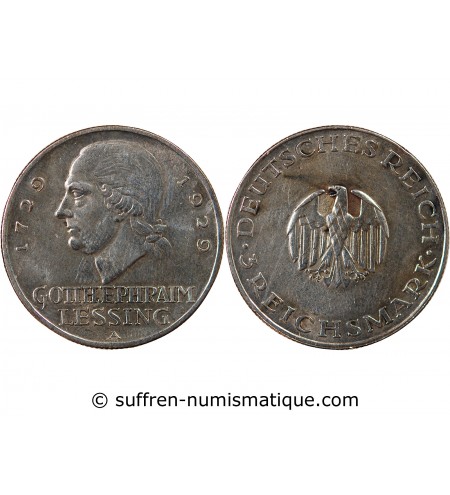 ALLEMAGNE - 3 MARK ARGENT 1929 A BERLIN - GOTTHOLD LESSING
