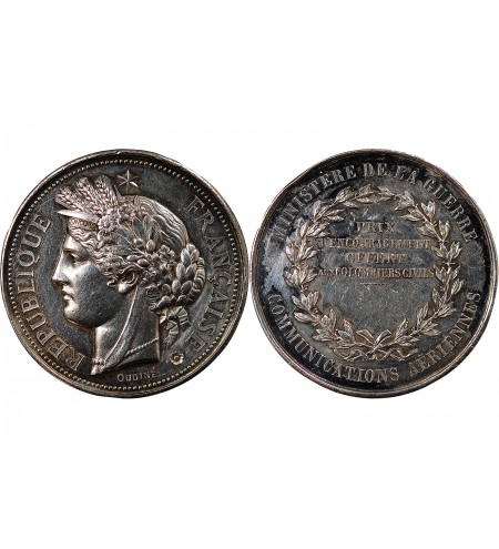 MINISTERE DE LA GUERRE, COMMUNICATIONS AERIENNES - MÉDAILLE ARGENT poinçon Corne (après 1879)