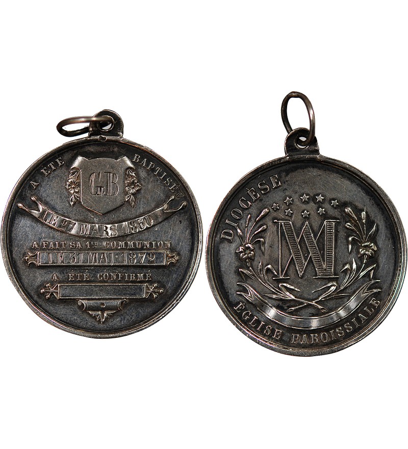 BAPTÊME ET COMMUNION - MEDAILLE ARGENT inscrite en 1860 puis 1872