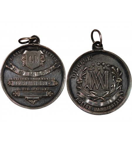 BAPTÊME ET COMMUNION - MEDAILLE ARGENT inscrite en 1860 puis 1872