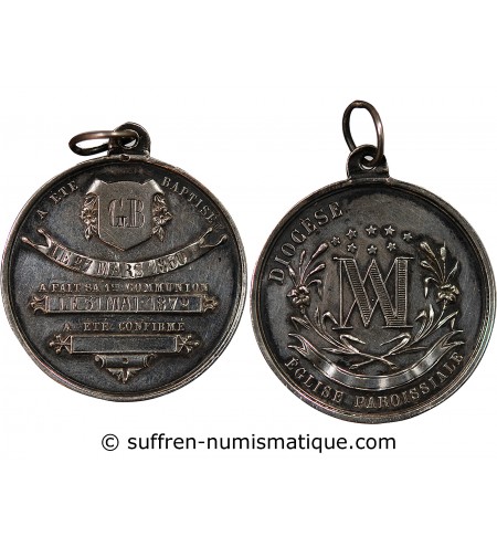 BAPTÊME ET COMMUNION - MEDAILLE ARGENT inscrite en 1860 puis 1872