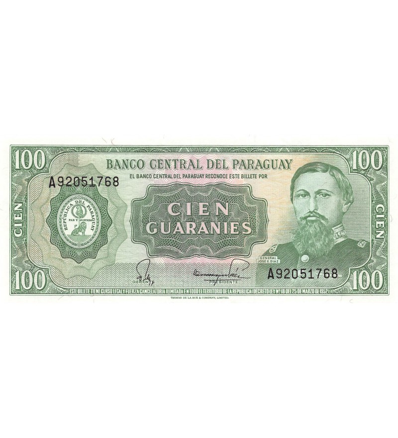 PARAGUAY, GENERAL JOSE E. DIAZ - 100 GUARANIES LOI DE 1952 - P.NEUF