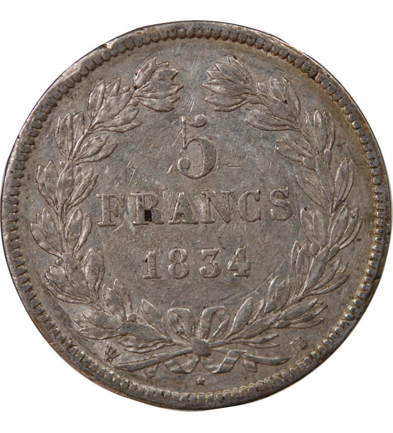 LOUIS PHILIPPE﻿ - 5 FRANCS ARGENT 1834 H LA ROCHELLE  "Type Domard, Tr relief"