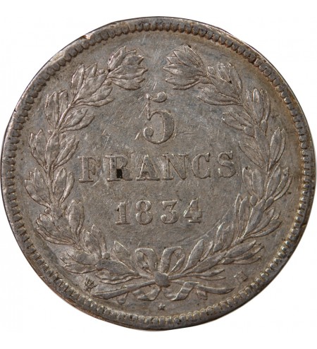 LOUIS PHILIPPE﻿ - 5 FRANCS ARGENT 1834 H LA ROCHELLE  "Type Domard, Tr relief"