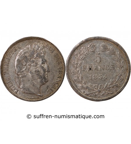 LOUIS PHILIPPE﻿ - 5 FRANCS ARGENT 1834 H LA ROCHELLE  "Type Domard, Tr relief"