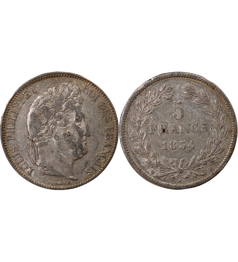 LOUIS PHILIPPE﻿ - 5 FRANCS ARGENT 1834 H LA ROCHELLE  "Type Domard, Tr relief"