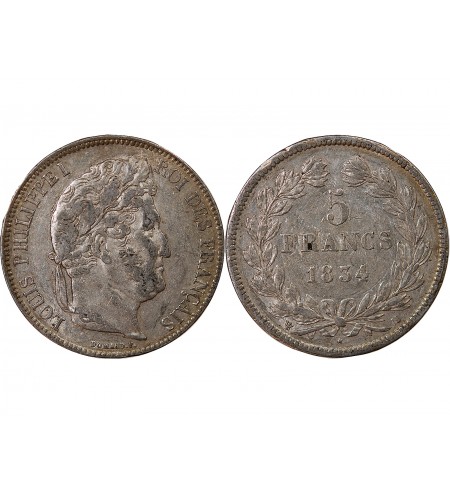 LOUIS PHILIPPE﻿ - 5 FRANCS ARGENT 1834 H LA ROCHELLE  "Type Domard, Tr relief"