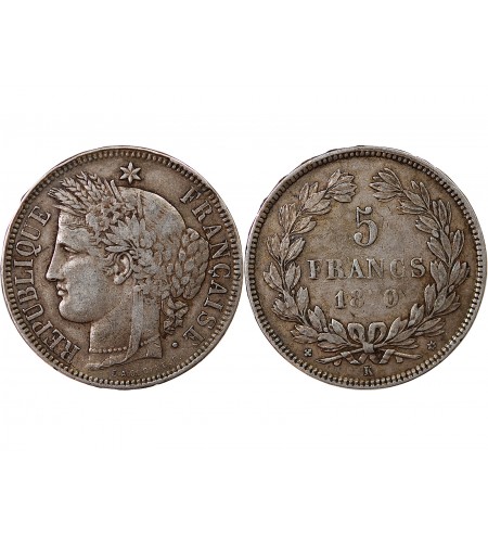 CERES - 5 FRANCS ARGENT 1870 K BORDEAUX  "Sans légende"