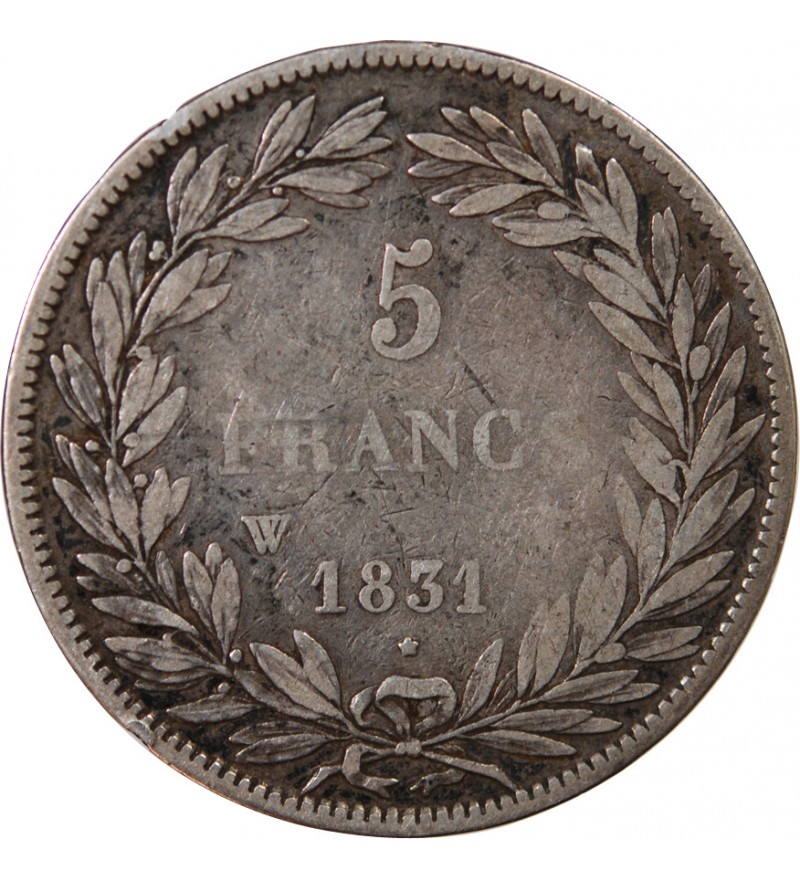 LOUIS PHILIPPE - 5 FRANCS ARGENT 1831 W LILLE "Type Tiolier, Tr creux"