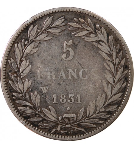 LOUIS PHILIPPE - 5 FRANCS ARGENT 1831 W LILLE "Type Tiolier, Tr creux"