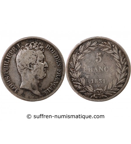 LOUIS PHILIPPE - 5 FRANCS ARGENT 1831 W LILLE "Type Tiolier, Tr creux"
